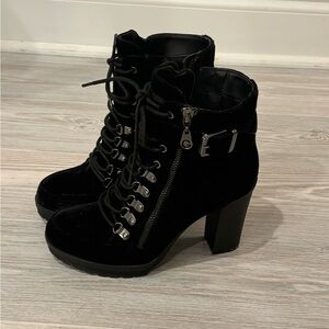 G by guess black suede heeled lace up boots booties